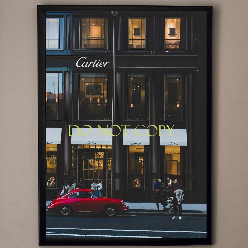 11x17 Framed Art Print - Cartier Storefront with Classic Red Porsche - Urban St